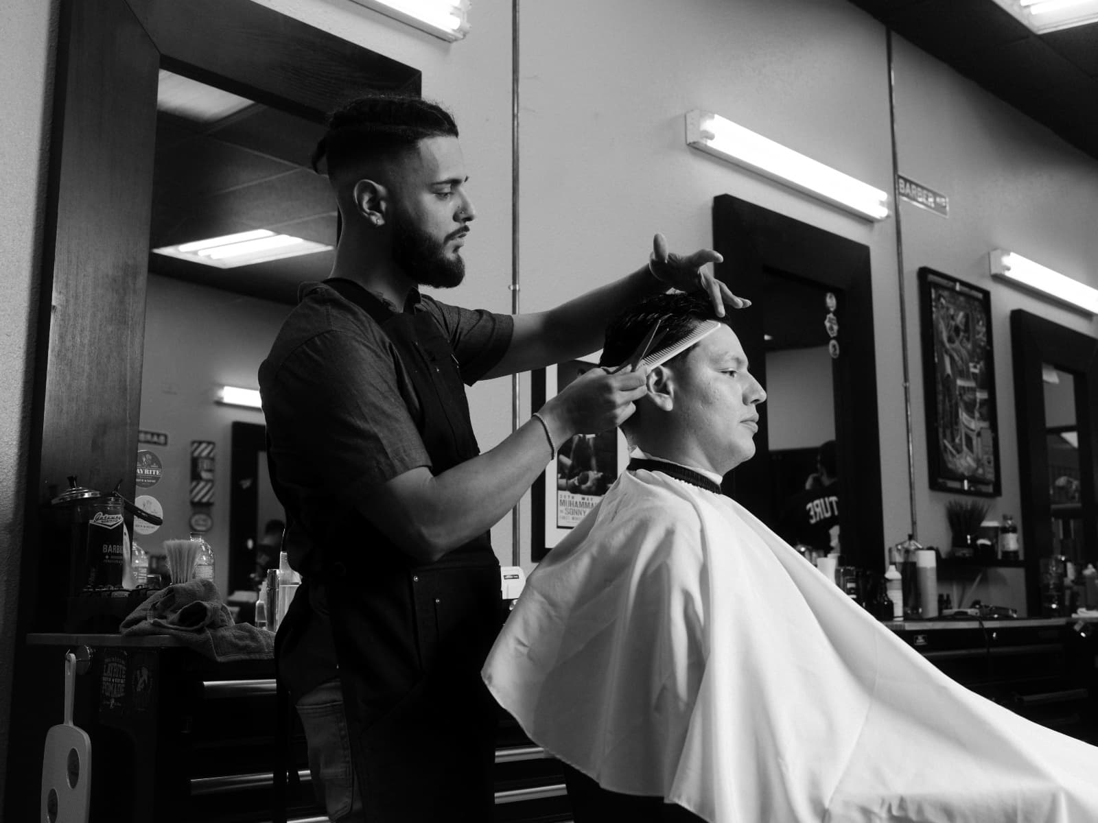 A black and white haircut detail